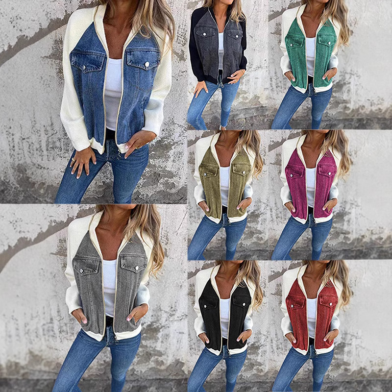 Women Designer Denim Jackets Patchwork Stand Collar Zipper Fly Pockets Coat Washed Distressed Outerwear Vintage Jackets Autumn Winter