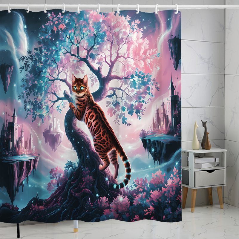 YL-37615 Digital Shower Curtain for Kitty Bathing, Bathroom Dry and Wet Separation, Polyester with Hooks, Isolation Curtain