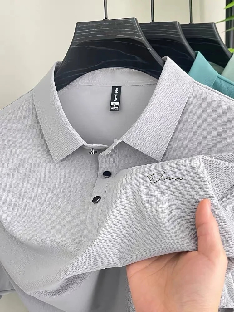 Boutique Short sleeved Mens Polo Shirt Summer Fashion Ice Silk Elastic Top Comfortable Business T-shirt 250402