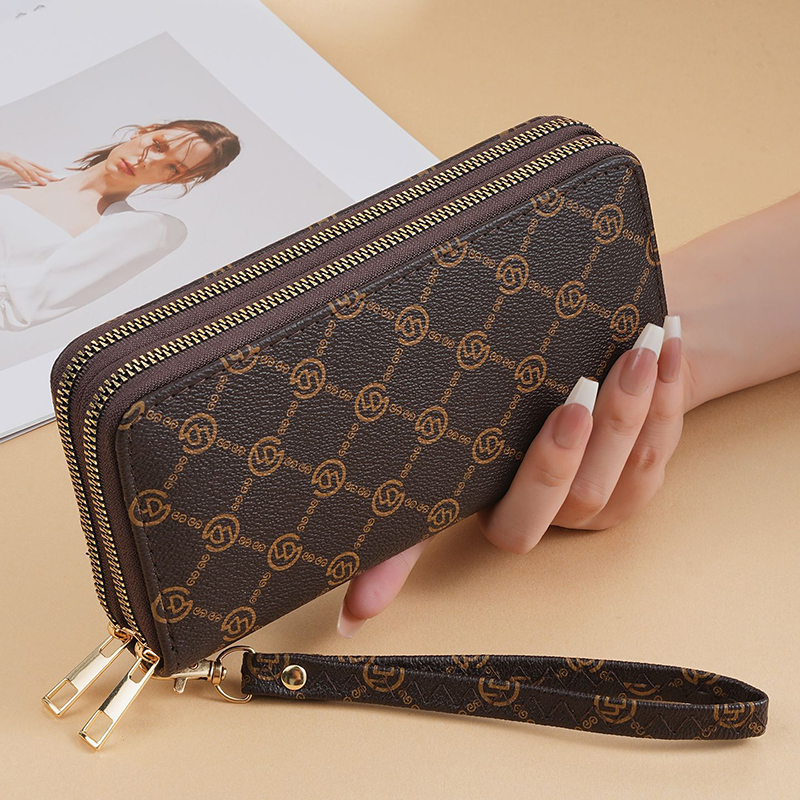 Explosive Double Zipper Retro Vintage Floral Long Wallet for Women, Large Capacity Handbag, Handheld Phone Bag