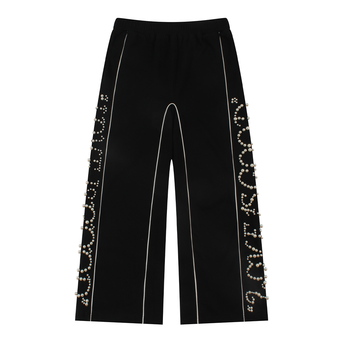 Women's Black Cotton Wide Leg Pants | Handmade Pearl Embellished Trousers with Elastic Waist, Trendy Casual Streetwear Pants for Daily & Event LN