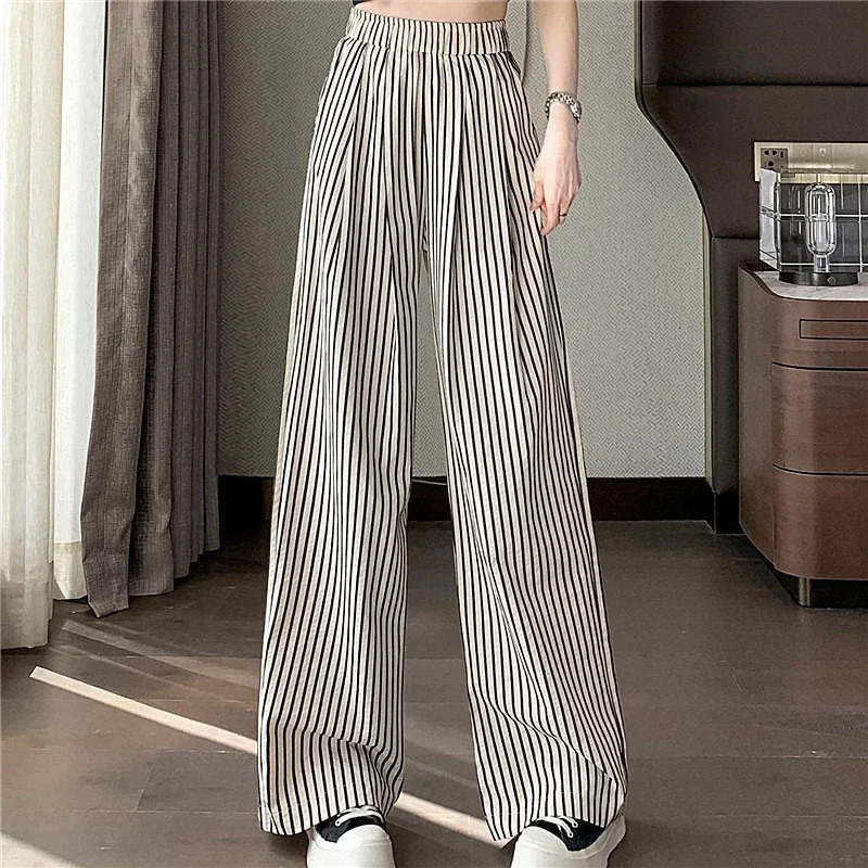 Classic Cotton and Linen Striped Womens Casual Pants Wide Leg High Waist Solid Pockets Minimalism Loose Trousers Female 250403