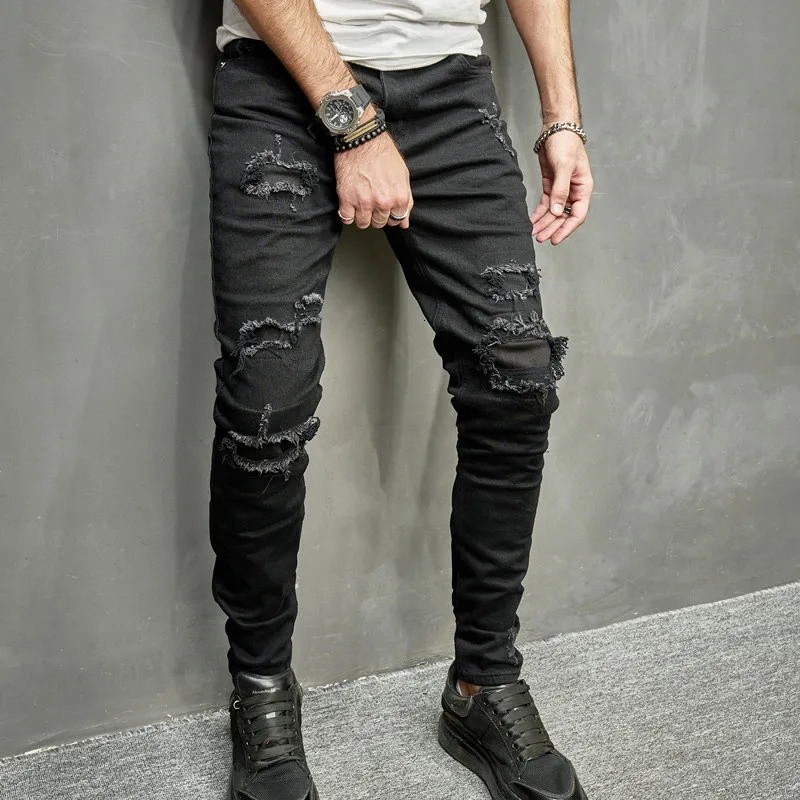 Men Holes Patch Skinny Stretch Pencil Jeans Pants High street Stylish HipHop Male Ripped Slim Denim Trousers 250402