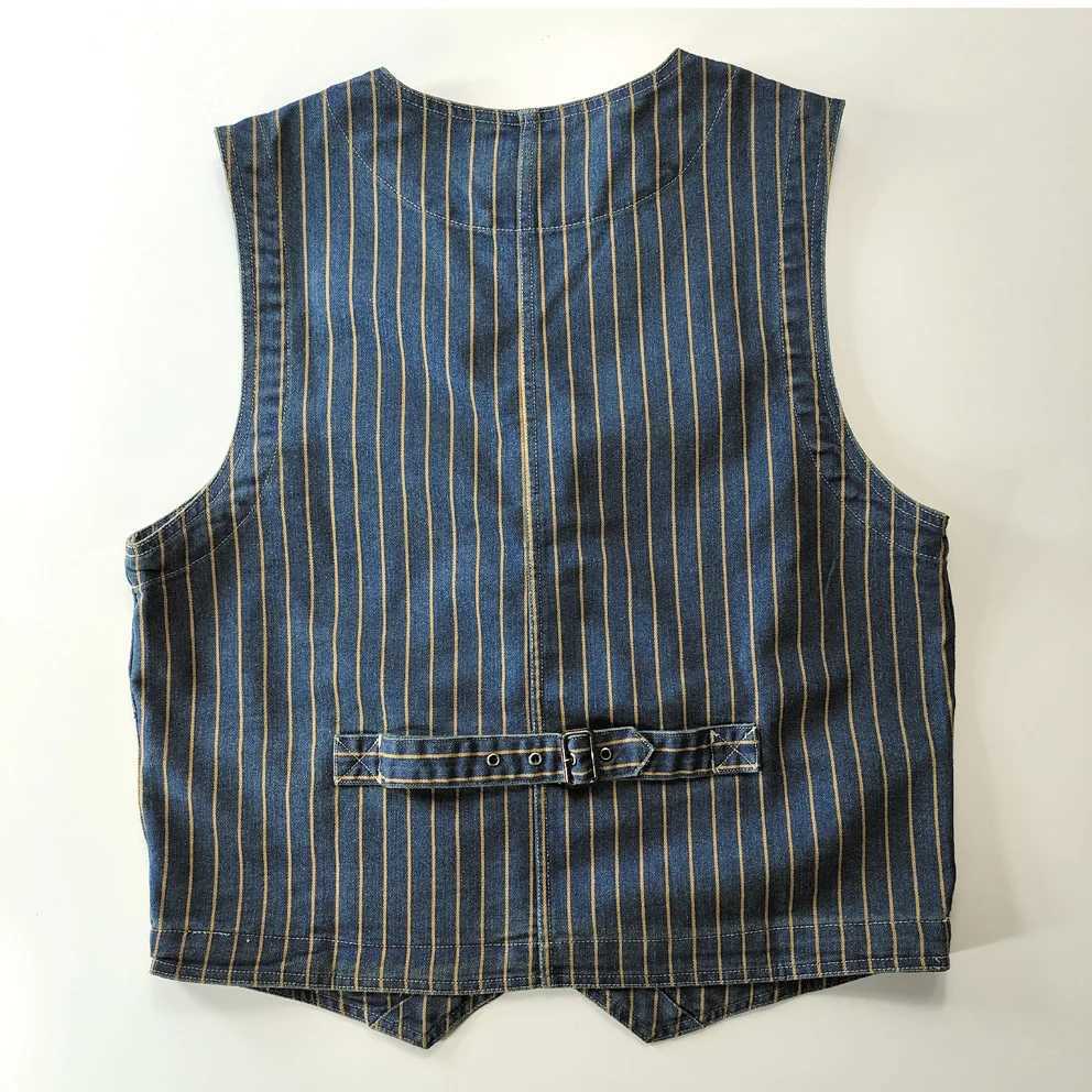 Spring New Japanese Retro Denim Striped Cargo Vest Mens Fashion Pure Cotton Washed Sleeveless V-neck Multi-pocket Casual Coat X250403