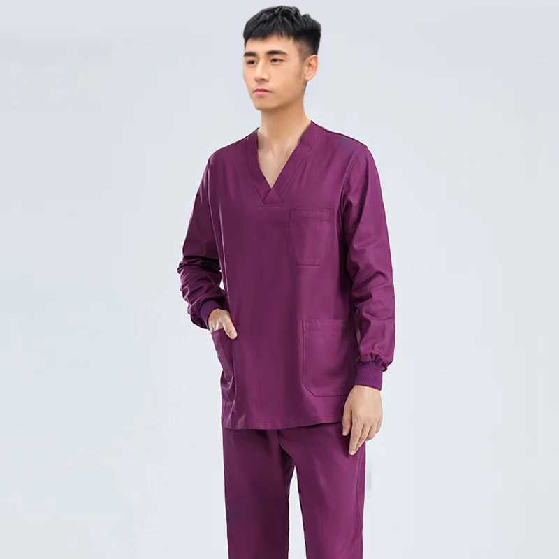New Style Long Sleeves Scrub Set Nurse Workwear Scrubs Nursing Uniforms V Neck Women Men Solid Color Doctor Working Suit Cheap J251103