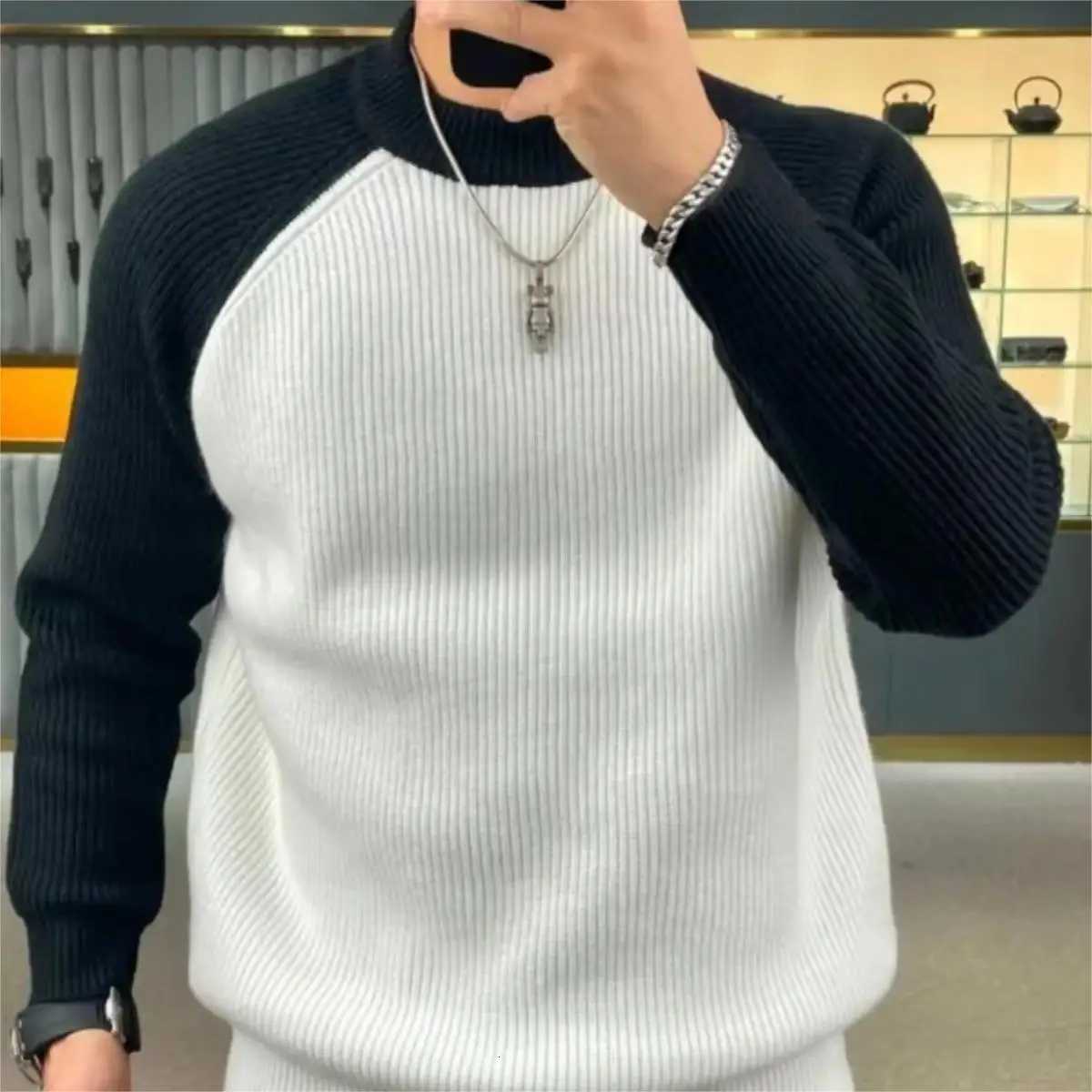 Autumn and winter fashionable warm color blocked pullover sweater loose and casual European and American mens base sweaterT251103
