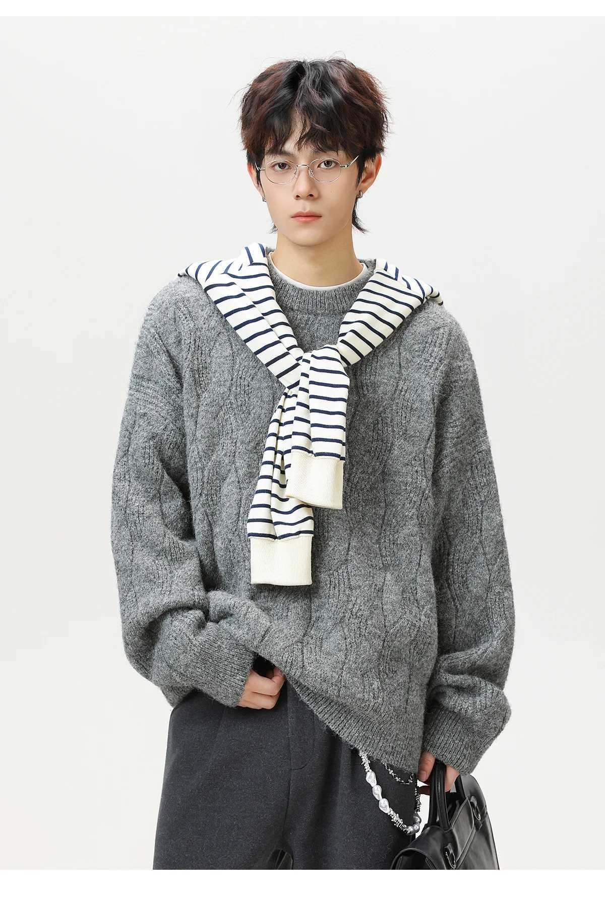 Thickened Mohair Solid-Colour Crew Neck Sweater Top Men Autumn Winter Cable-Knit Textured Knitwear Retro Oversized CardiganT251103