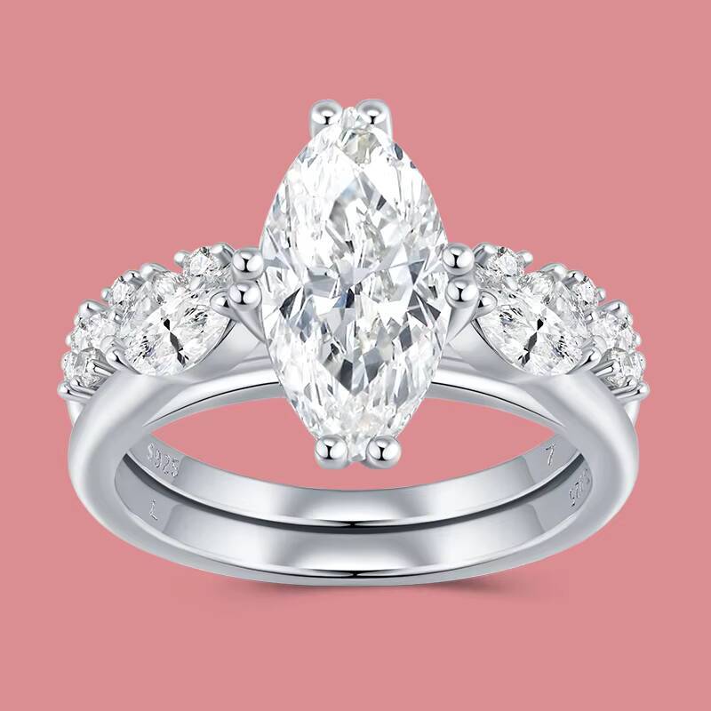 Custom Sterling Silver Marquise Moissanite Gemstone Rings Double Weddings Rings Wholesale Fashion Jewelry Luxury Women Ring