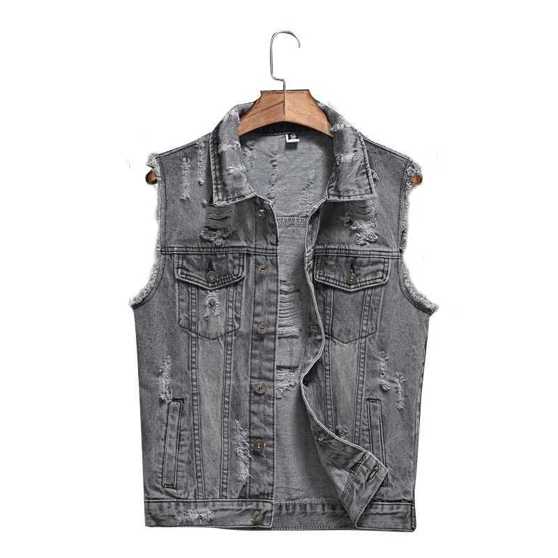 Vests Men Denim Jacket Hole Turn Down Collar Sleeveless Coats Casual Regular Splice Pocket Button Single Breasted Coat Jackets X250403