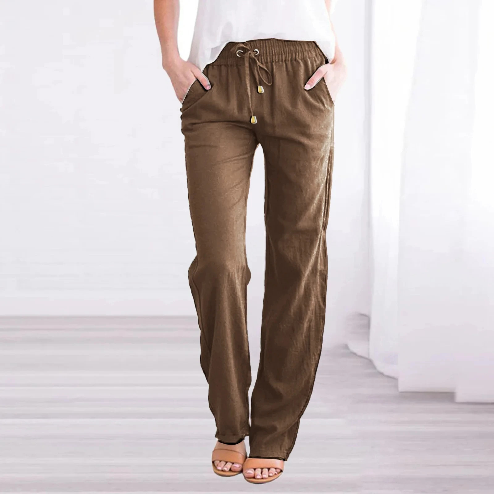 Solid Color Spring/Summer Womens Cotton Linen Drawstring Loose Wide Leg Pocket Pants Selling Pants 250402