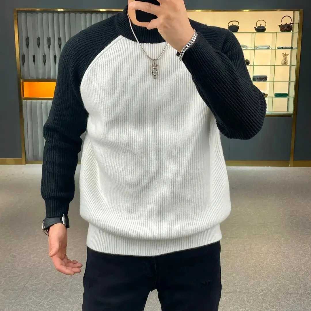 Autumn and winter fashionable warm color blocked pullover sweater loose and casual European and American mens base sweaterT251103