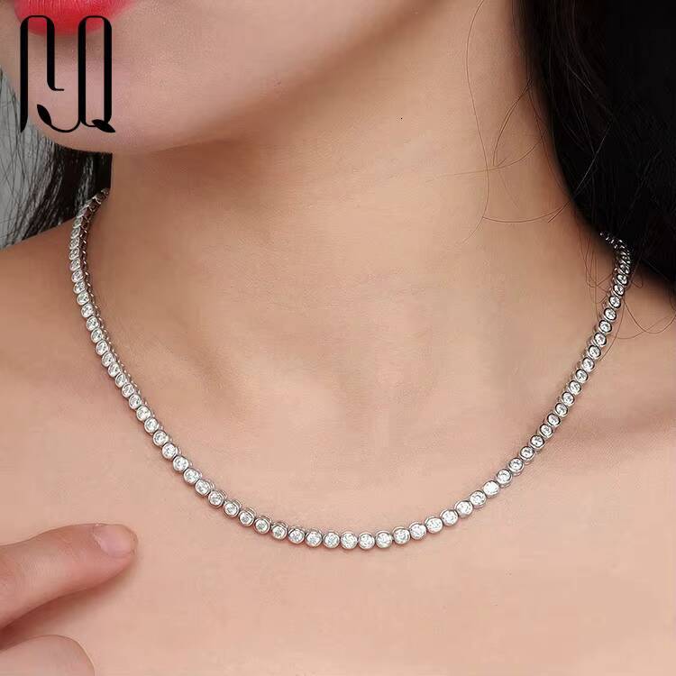 PYQ 2mm 3mm BezelSet VVS Tennis Chain Necklace 18K Gold Plated Women Moissanite Necklace 925 Silver BezelSet Tennis Chain