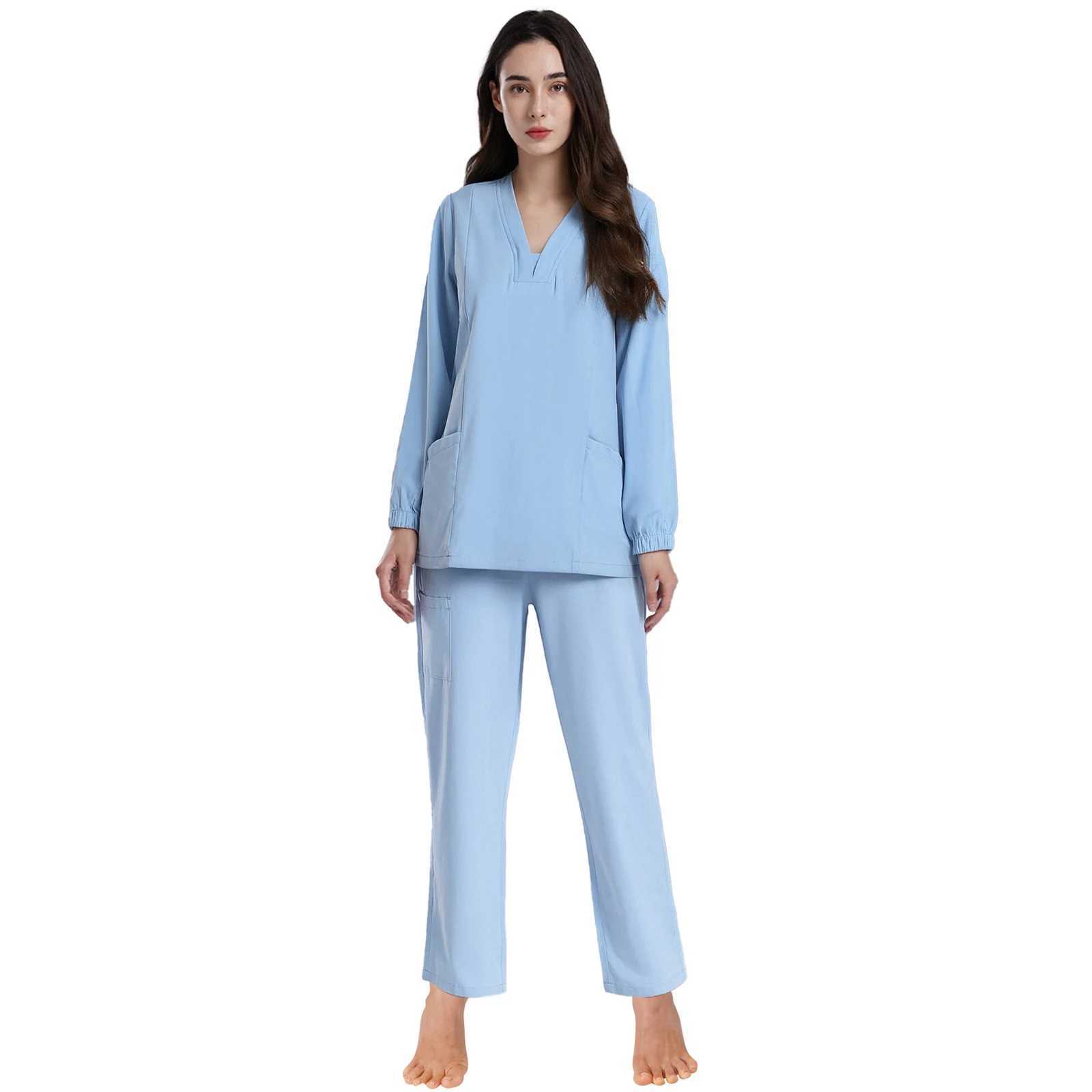 Women Medical Scrubs Outfit Long Sleeve Pockets Pullover Top and Long Pants 2piece Sets for Nursing Dental Surgeon Uniform J251103