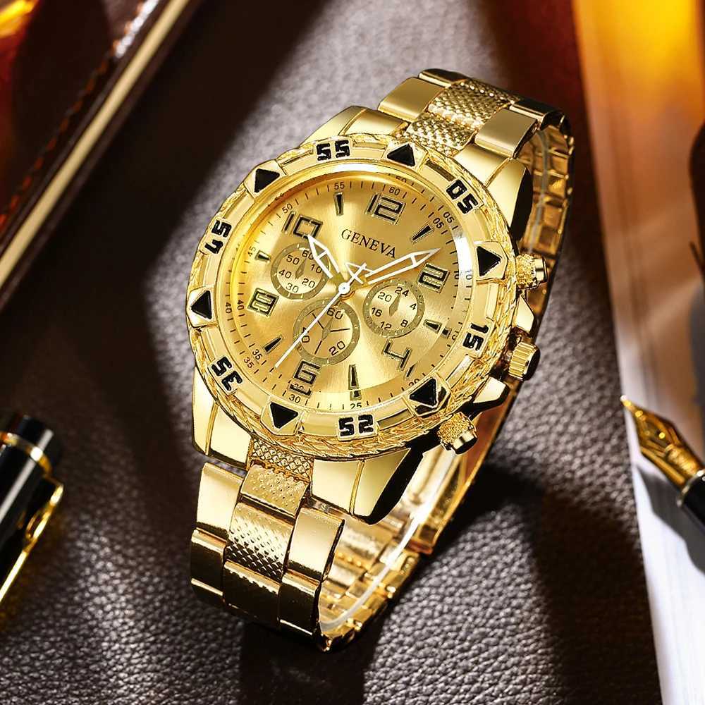 4pcs/set Mens Watches Fashion Arabic Dial Steel Band Quartz Watch SetW251104