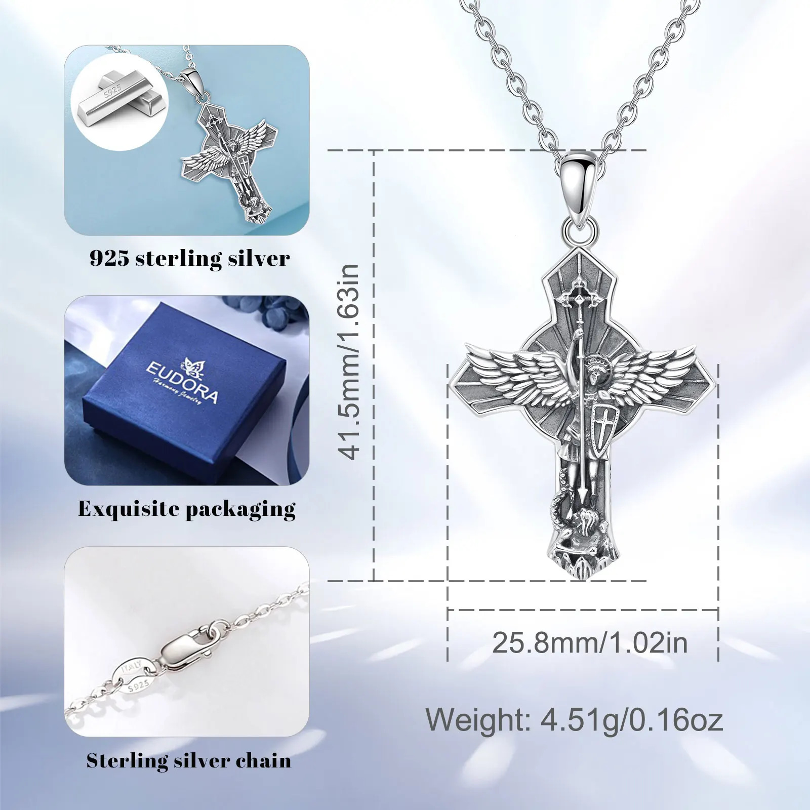 Eudora 925 Sterling Silver St. Michael Archangel Necklace Cross Vintage Wing Pendant Religious Jewelry Gift to Men Women 250402