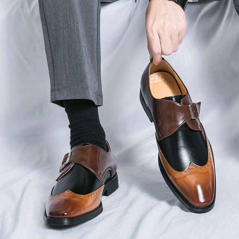 Large men's color matching buckle loafers, business dress casual leather shoes 38-48, groom's wedding shoes, men