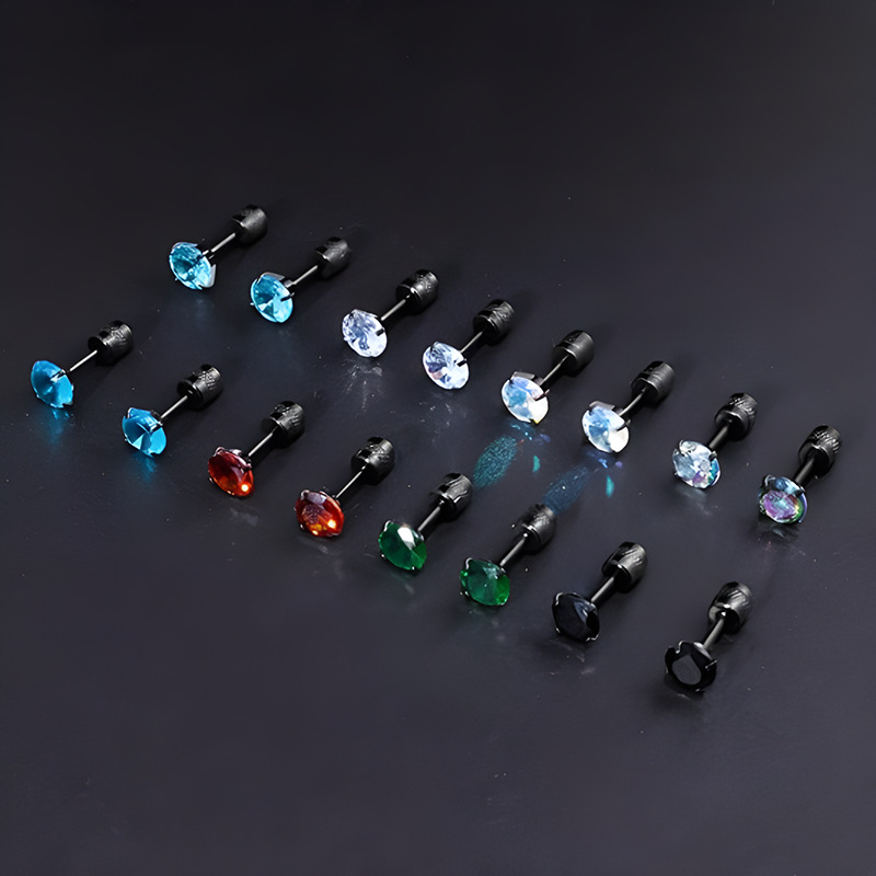 1pair Laser Diamond Medical Stainless Steel AB Crystal Zircon Ear Studs Earrings Black Gun Plated Tragus Cartilage Hypoallergenic Screws Piercing Jewe