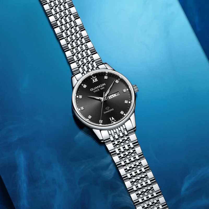 GUANQIN Luxury Men Quartz Watch Stainless Steel Alloy Case Dual-Language Date Business Leisure 30M Waterproof Luminous WatchesW251104