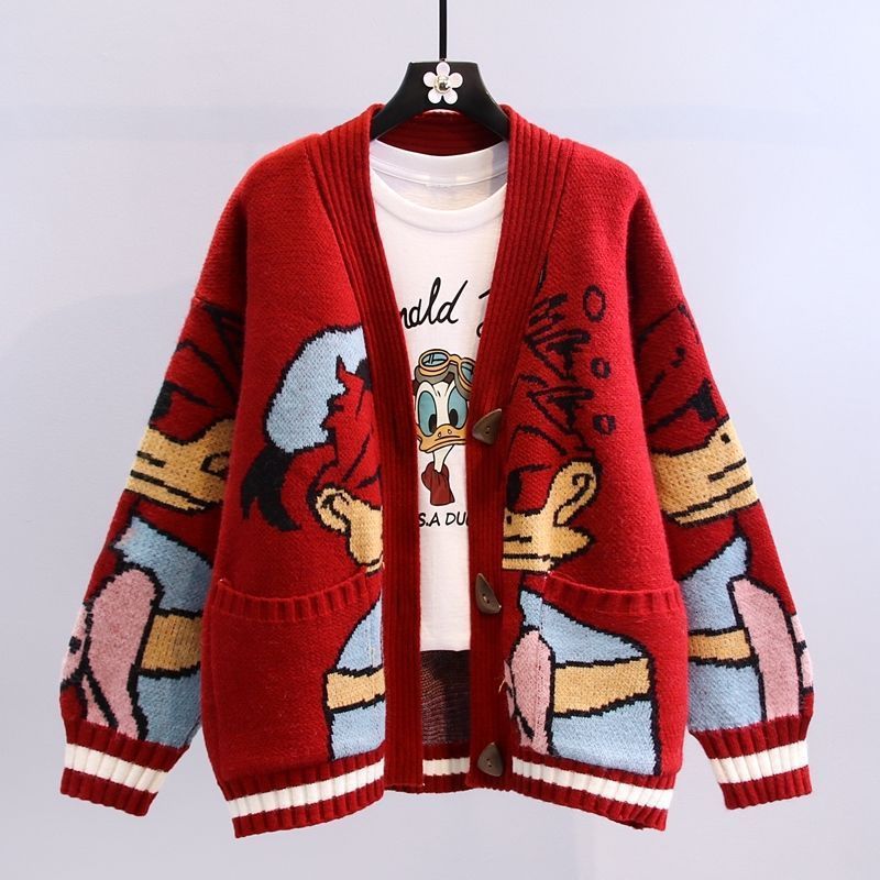 Cartoon jacquard sweater jacket for women 2023 autumn and winter new collection lazy style loose fit versatile knit cardigan for external wear
