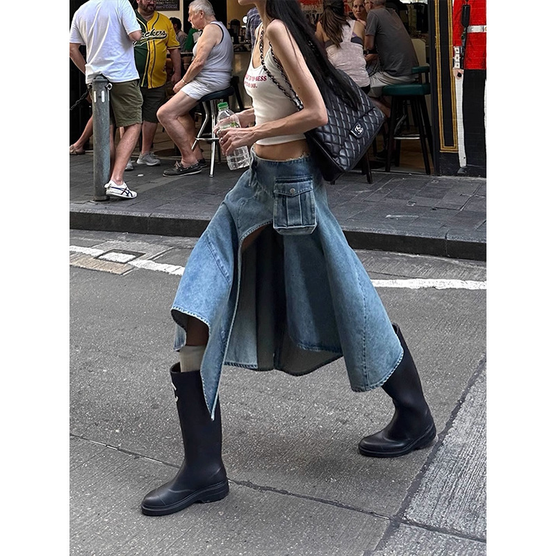 American Niche Design Slit Workwear Skirt for Women Hot Girl Fashion Versatile Irregular Denim Midi Skirt 250515Z