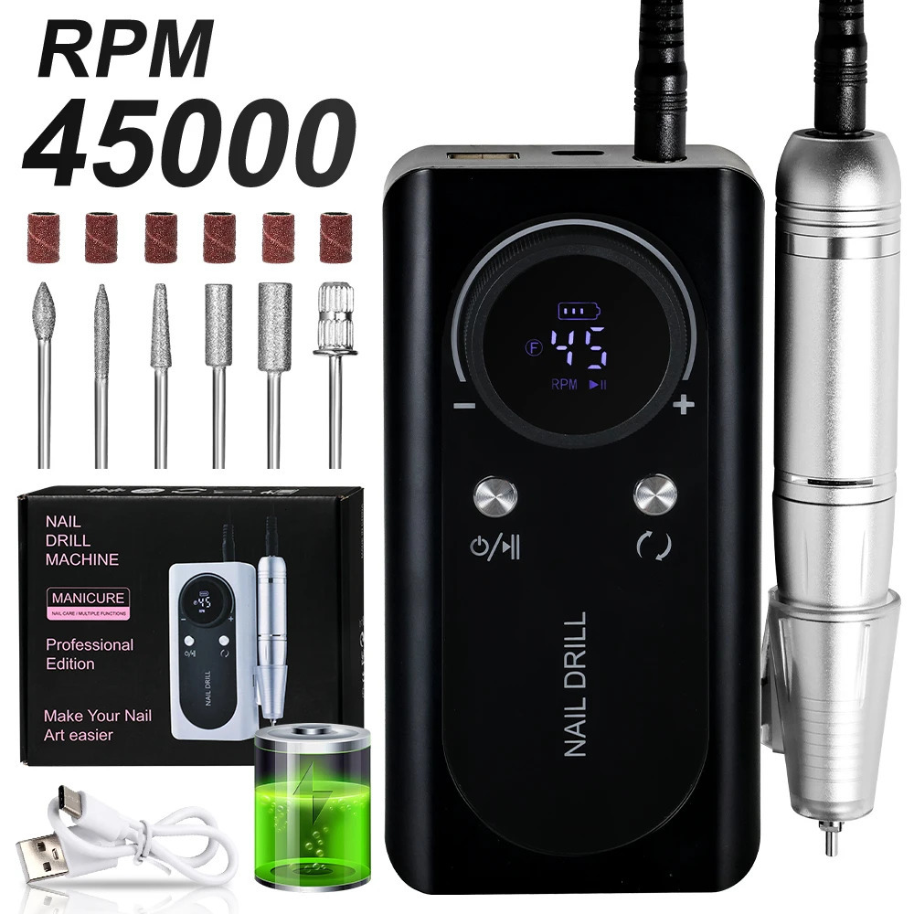 45000RPM Electric Nail Drill File Rechargeable Electric Nail Polishing Machine for Acrylic Gel Dip Powder Manicure Pedicure Tool 251031