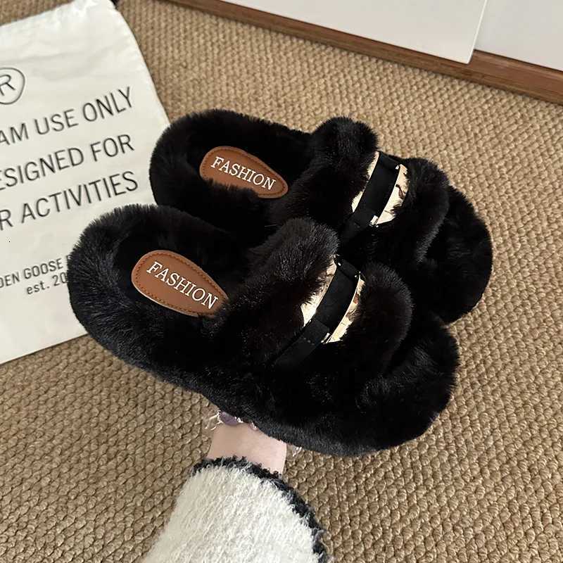 Wen Fur Slippers Flats Shoes Casual Short Plush Cozy Winter Open Toe Flip Flops 2025 New Fion Trend Slingback Slides Mujer Y251103