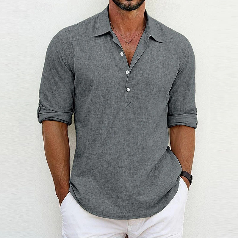 Casual loose cotton linen polo shirt for men summer long sleeved button up collar top fashionable and simple solid color Tshirt 250325