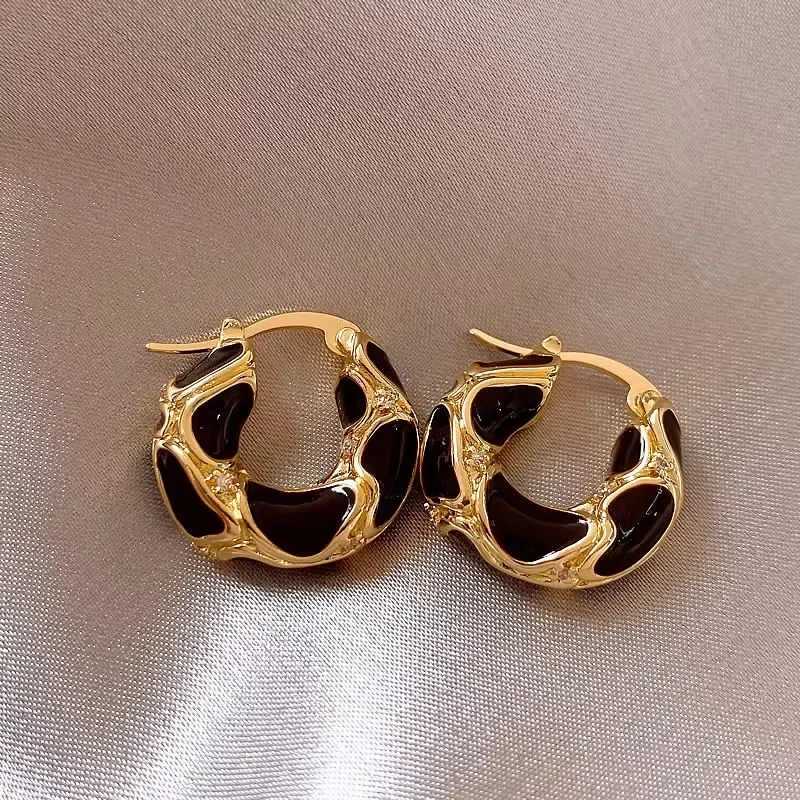 Vintage Luxury Black Enamel Ring Earrings Womens Fashion Design Glaze Leopard Circle Earrings Korean Jewelry Accessories Gifts Y250401