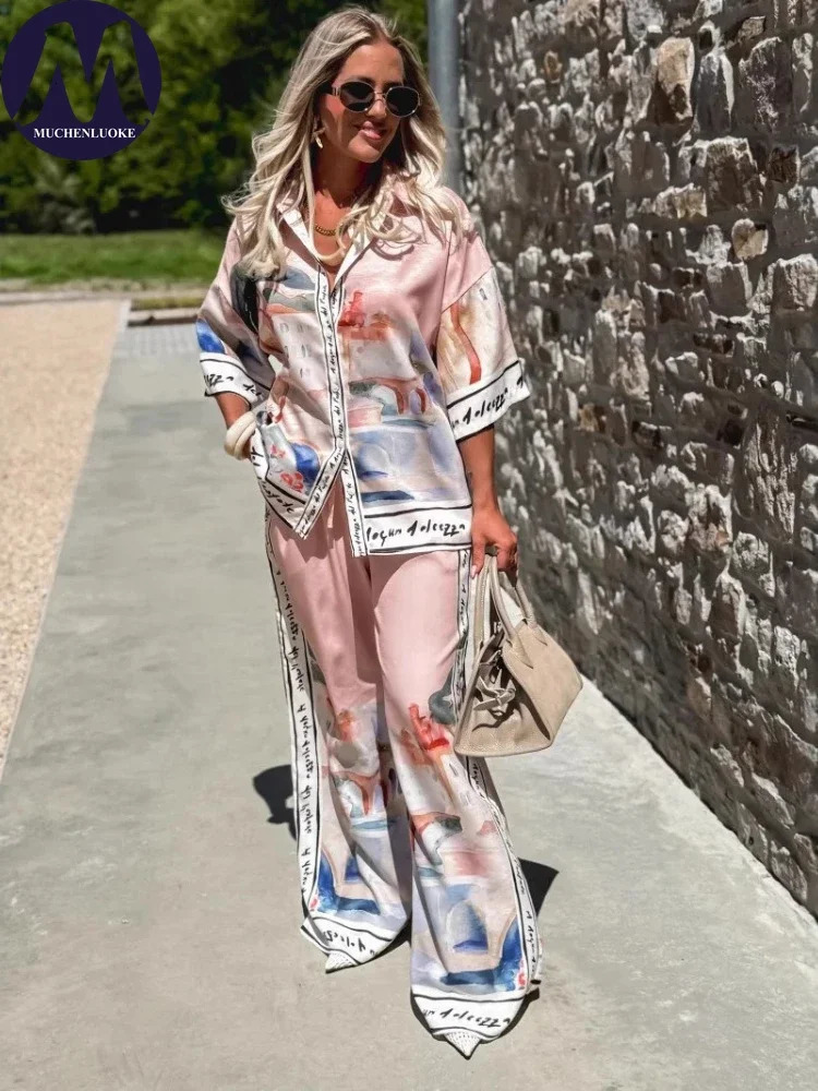 2 Pieces Set for Woman Summer Elegant Printed Half Sleeves Shirt Tops Suits Fashionable Casual Loose Wide Leg Pants Sets 251103