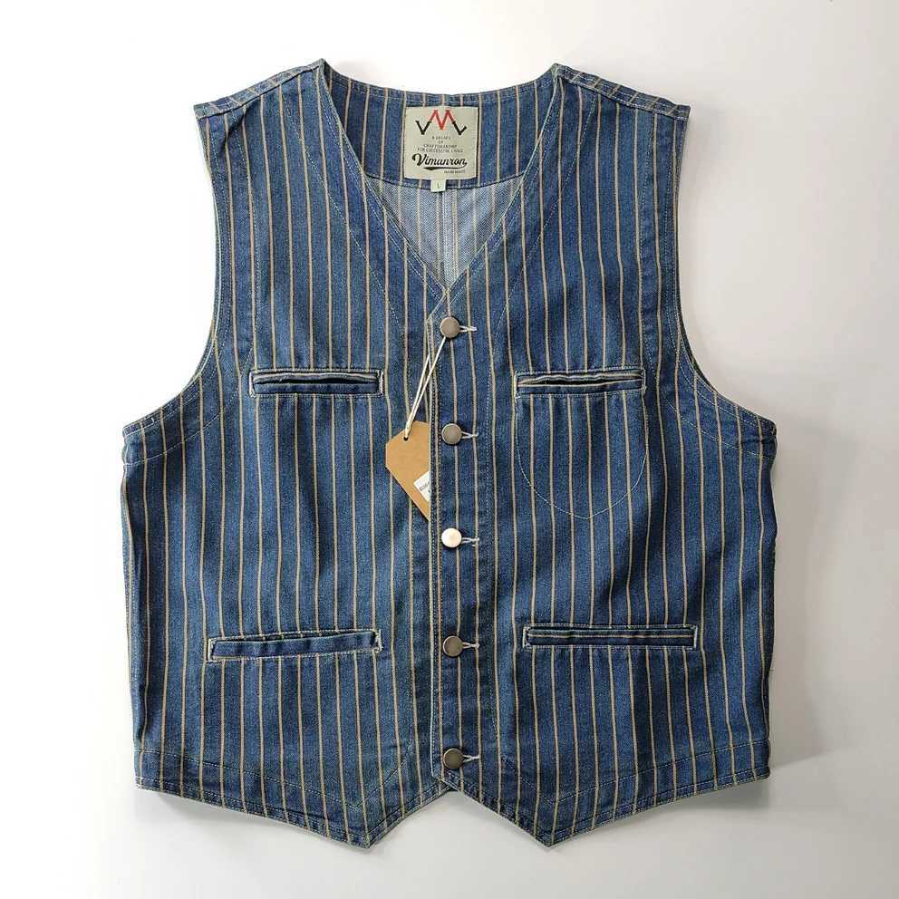 Spring New Japanese Retro Denim Striped Cargo Vest Mens Fashion Pure Cotton Washed Sleeveless V-neck Multi-pocket Casual Coat X250403