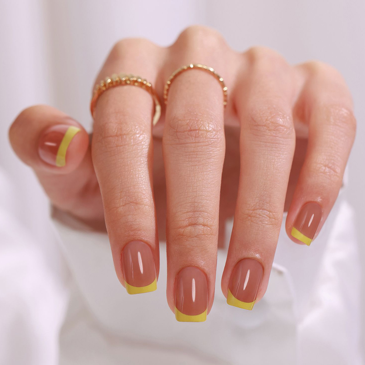 French Gel Pressed Nails Kit: Womens Daily Wear Coffe Yellow Squares Variety Pack Includes 16 Different Sizing Options