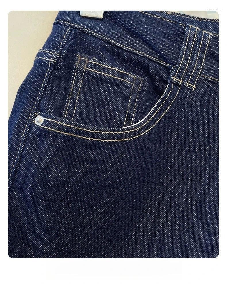 Women's Jeans Female Trousers Women Button Zipper Closure Pockets Cozy Lady Pants Stylish Navy Blue Denim High Waisted Wide Leg Casual Z260313