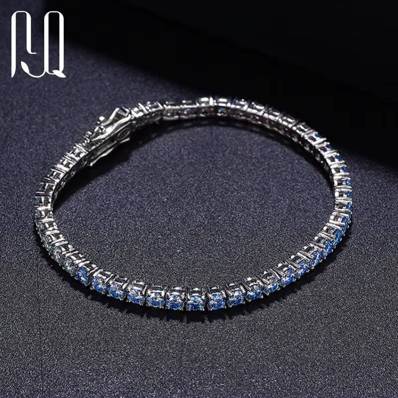 PYQ 3mm Gradient Pink Blue Green Moissanite Tennis Chain S925 Silver with 18K Gold Plated Moissanite Tennis Bracelet for Women