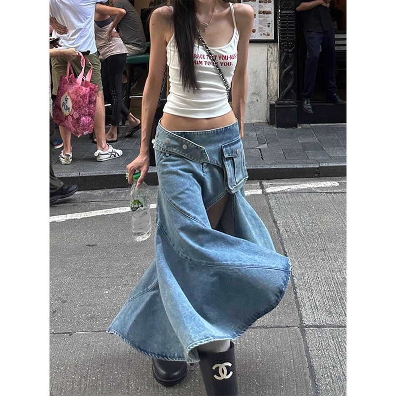 American Niche Design Slit Workwear Skirt for Women Hot Girl Fashion Versatile Irregular Denim Midi Skirt 250515Z