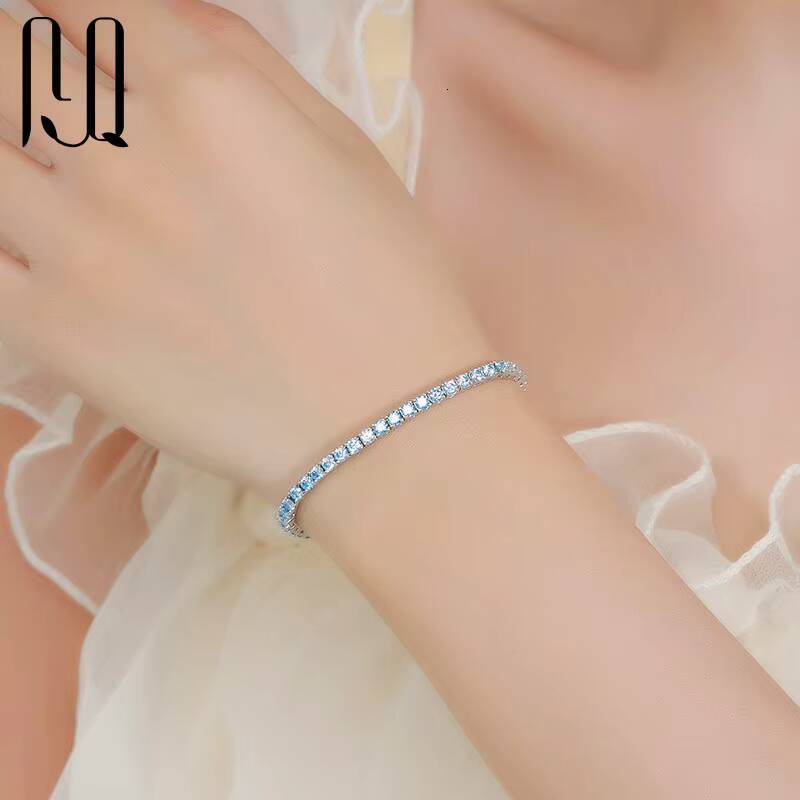 PYQ 3mm Gradient Pink Blue Green Moissanite Tennis Chain S925 Silver with 18K Gold Plated Moissanite Tennis Bracelet for Women