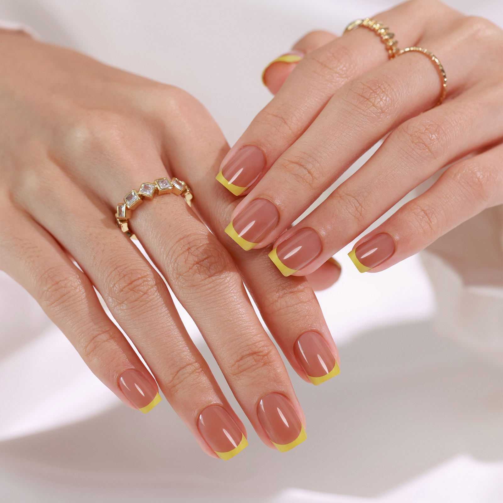 French Gel Pressed Nails Kit: Womens Daily Wear Coffe Yellow Squares Variety Pack Includes 16 Different Sizing Options