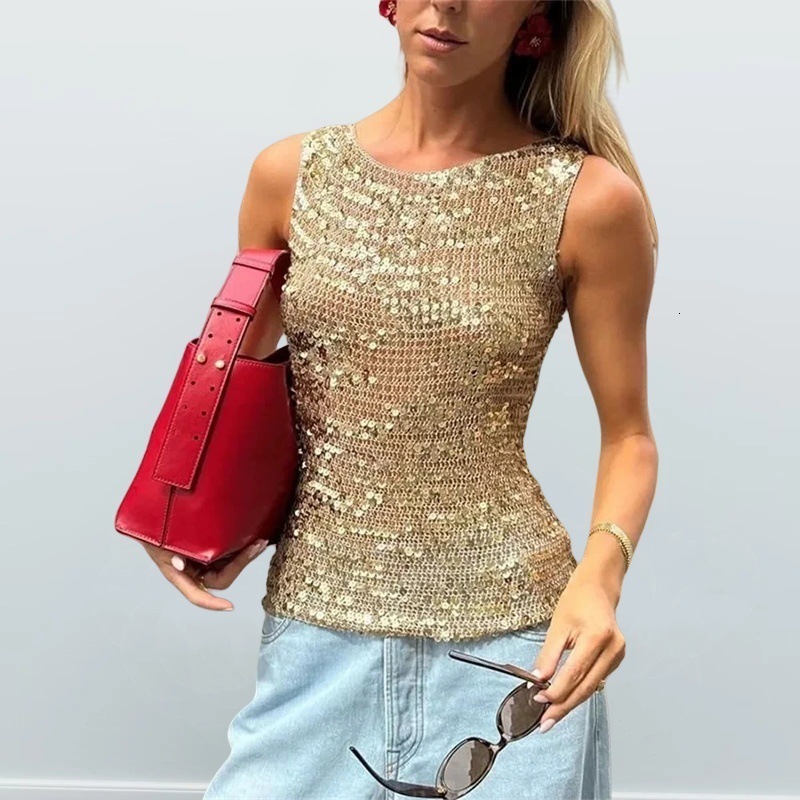 Sequin Sparkle V Neck Tank Tops Gold Glitter Shiny Sleeveless Shirt Vest Women Slim Fitted Crop Top Festival Rave Clothes 250903