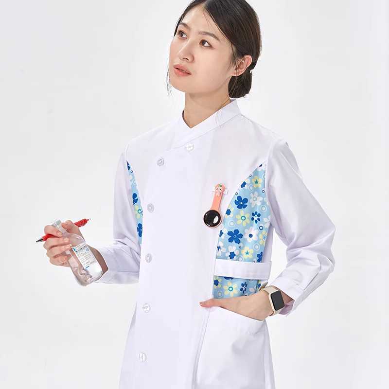Medical Nurse Gown Women Scrub Uniform Robe White Long Sleeve Workwear Hospital Scrubs Nursing Dress Healthcare Uniforms 902CS J251103