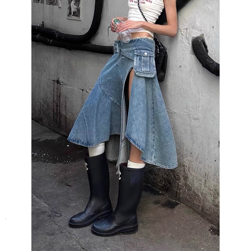 American Niche Design Slit Workwear Skirt for Women Hot Girl Fashion Versatile Irregular Denim Midi Skirt 250515Z