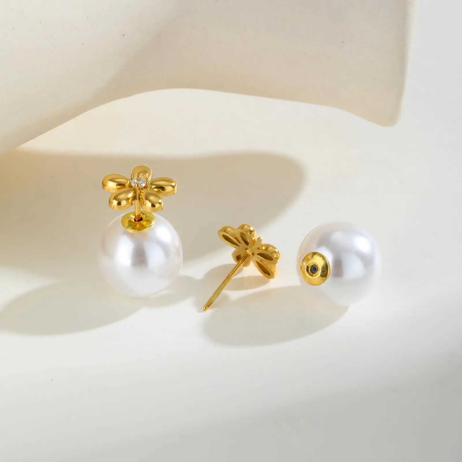 Zircon Flower Imitation Pearl Earrings for Women Stainless Steel Gold Plated Stud Earrings Fashion Waterproof Daily Jewelry C251103