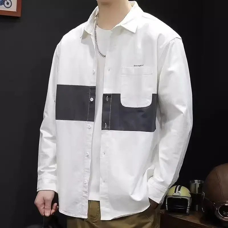 Mens Spring and Autumn Solid Color Button Pocket Shirt Long Sleeve Open Collar Casual Coat Fashion Collar Top 250402