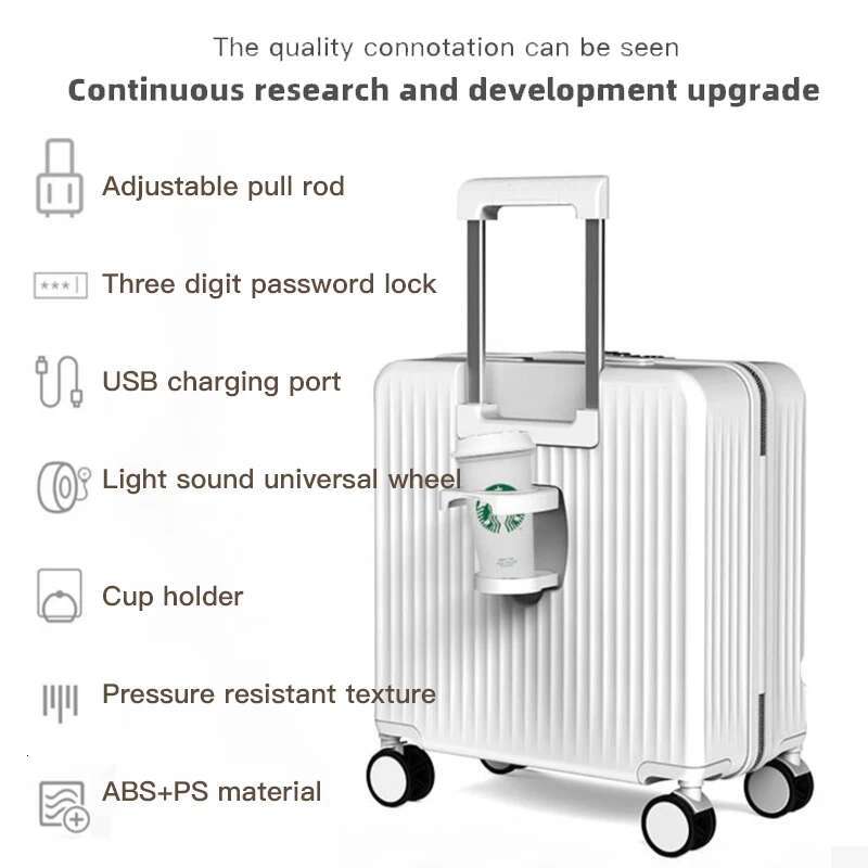 SUSHIMU Boarding-friendly front-opening lage, trolley suitcases for both men and women, 18-inch silent aluminum-frame