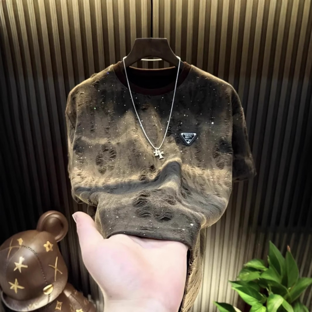 Designer clothing new short sleeve 2025 fashion Full Star print T-shirt trend advanced sense crewneck top sequin loose hole short sleeve T-shirt men