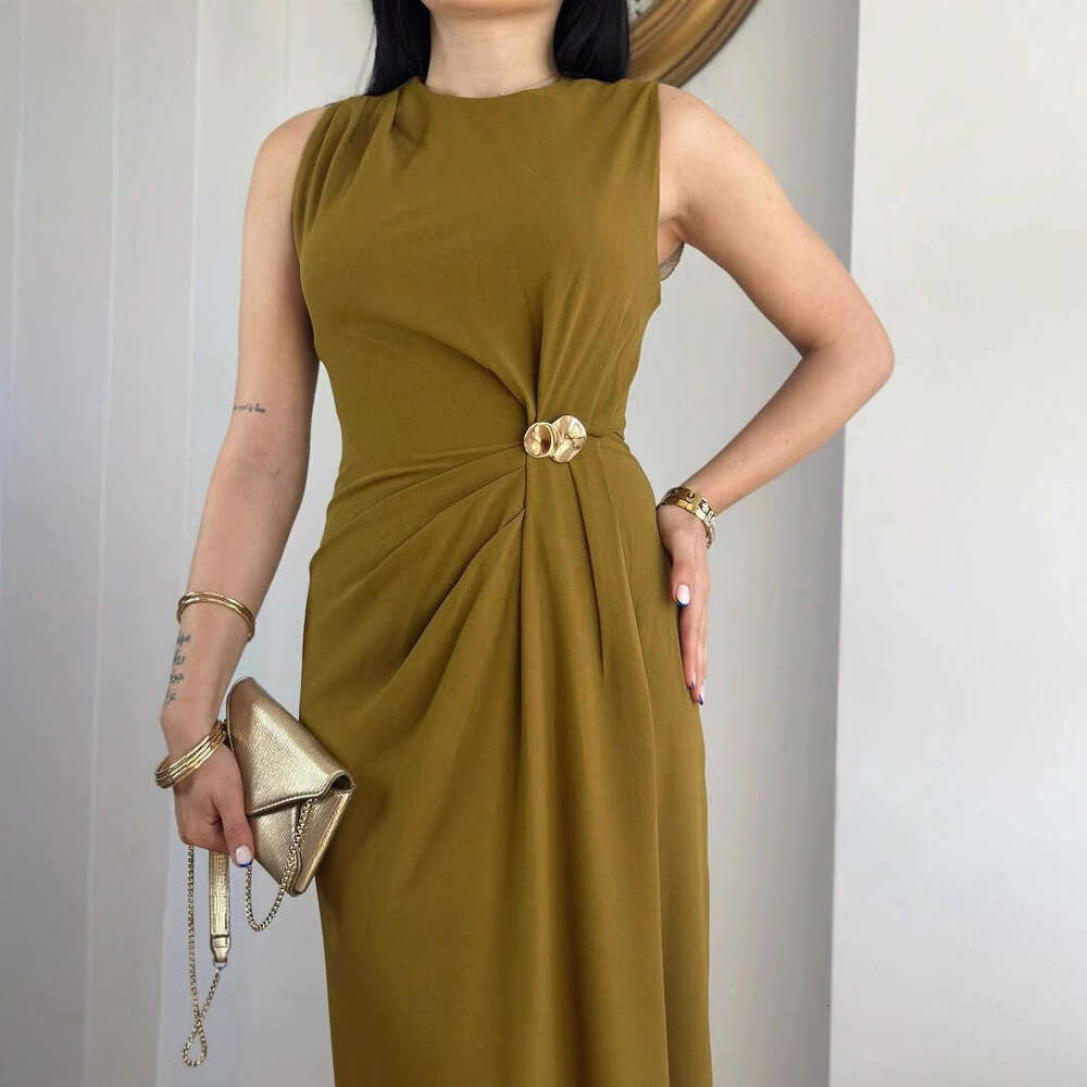 Foreign Trade Amazon Spring Summer New European And American Style Women's Fashion Elegant Sleeveless Pleated Decorative Dress 3E66 666f c10b