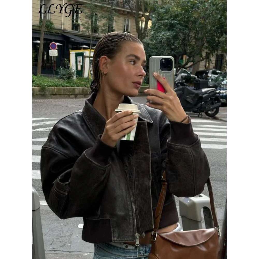 Women's Wear Short Leather Jacket Women Vintage Loose Lapel Long Sleeve Zipper Coat 2025 Spring Lady Locomotive High Street Outwear