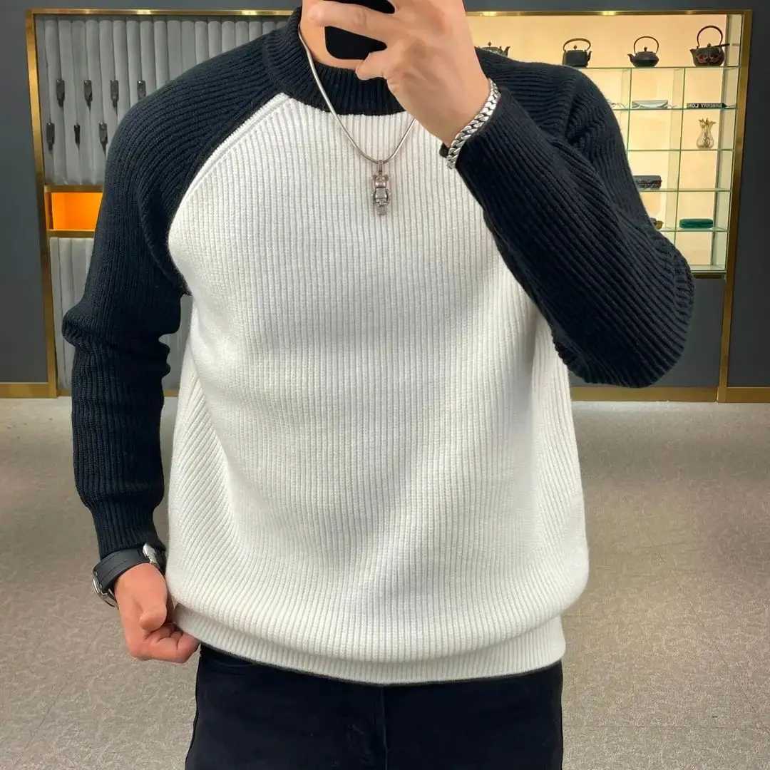 Autumn and winter fashionable warm color blocked pullover sweater loose and casual European and American mens base sweaterT251103