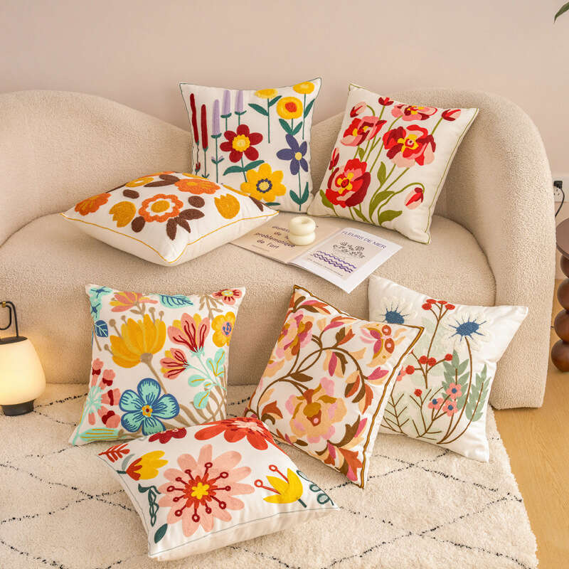 New Towel Embroidered Pillowcase Pastoral Style Canvas Sofa Pillow Home Bedside Bay Window Cushion Office Lumbar Support