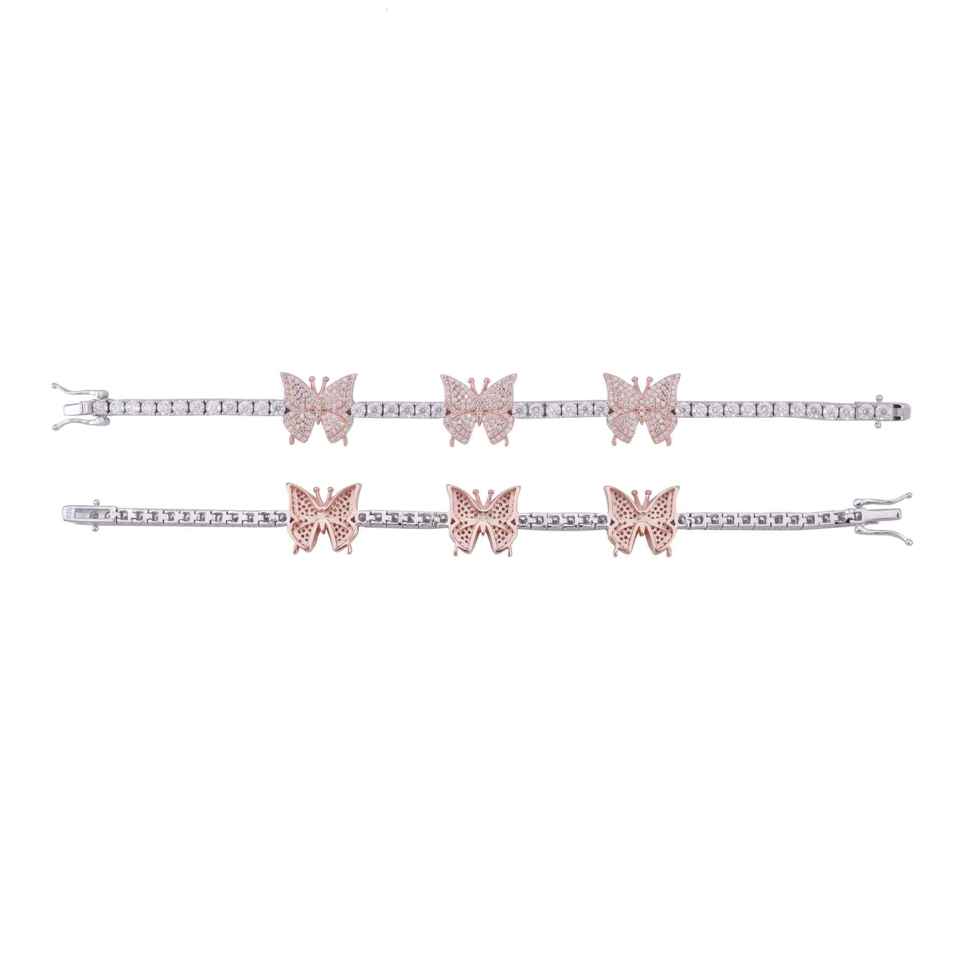 Trendy 925 Sterling Silver Iced VVS 3mm Moissanite Diamond Tennis Chain Bracelet Rose Gold Butterfly Design Fine Jewelry