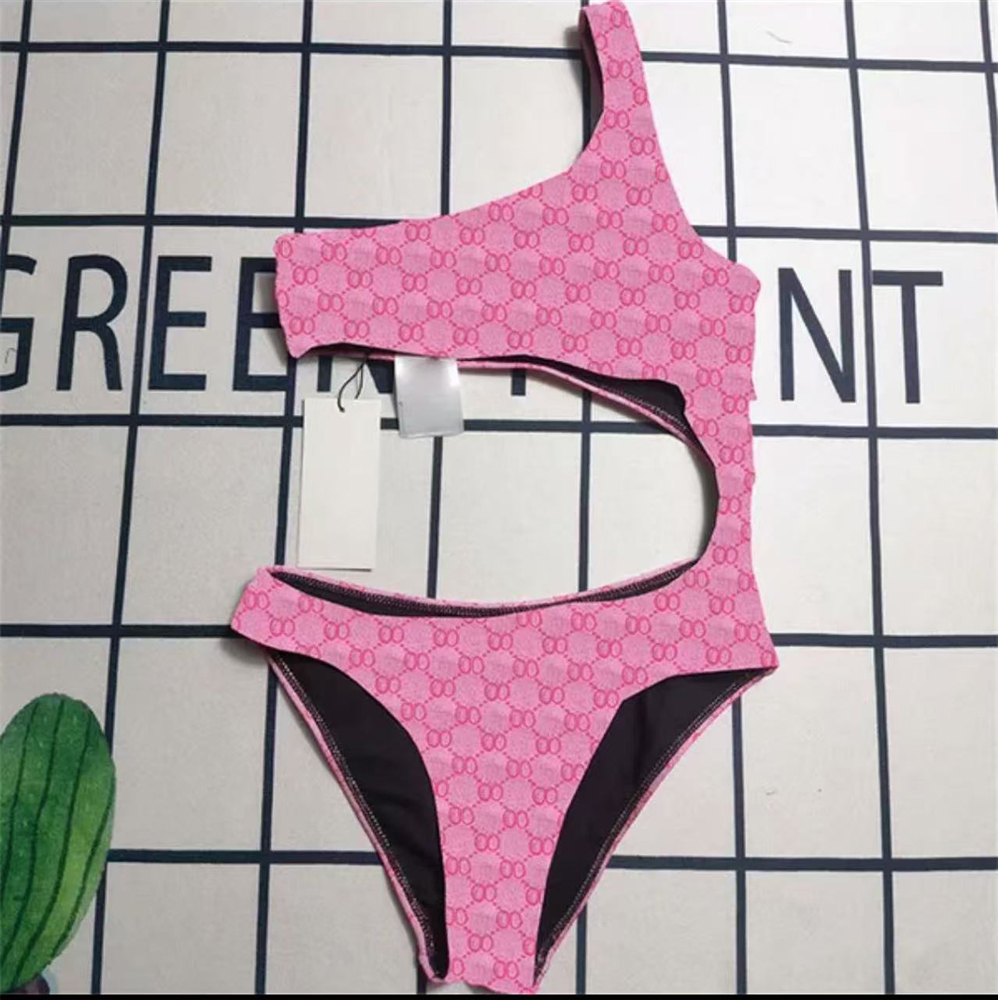 one piece swimsuit designer womens swimwear pink high waist Single Shoulder letter print bathing suit Hollow Out Sexy Female Monokini push up Padded Beachwear