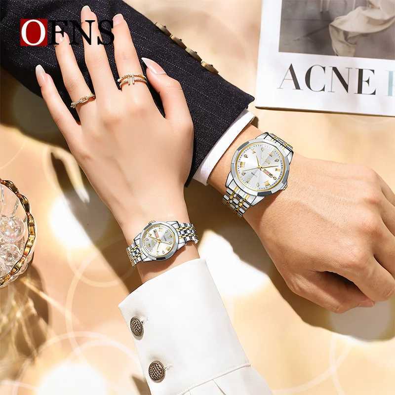 OFNS1502 luxury couple watch diamond cut diamond inlaid dial luminous waterproof dual calendar mens and womens quartz watchW251104